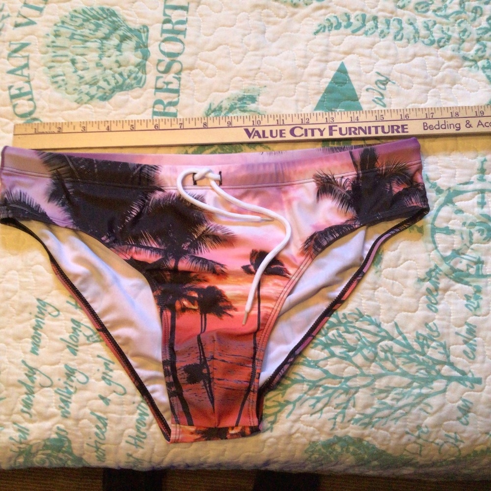Palm tree swim brief, Asian Xl, palm trees, sunset color drawstring